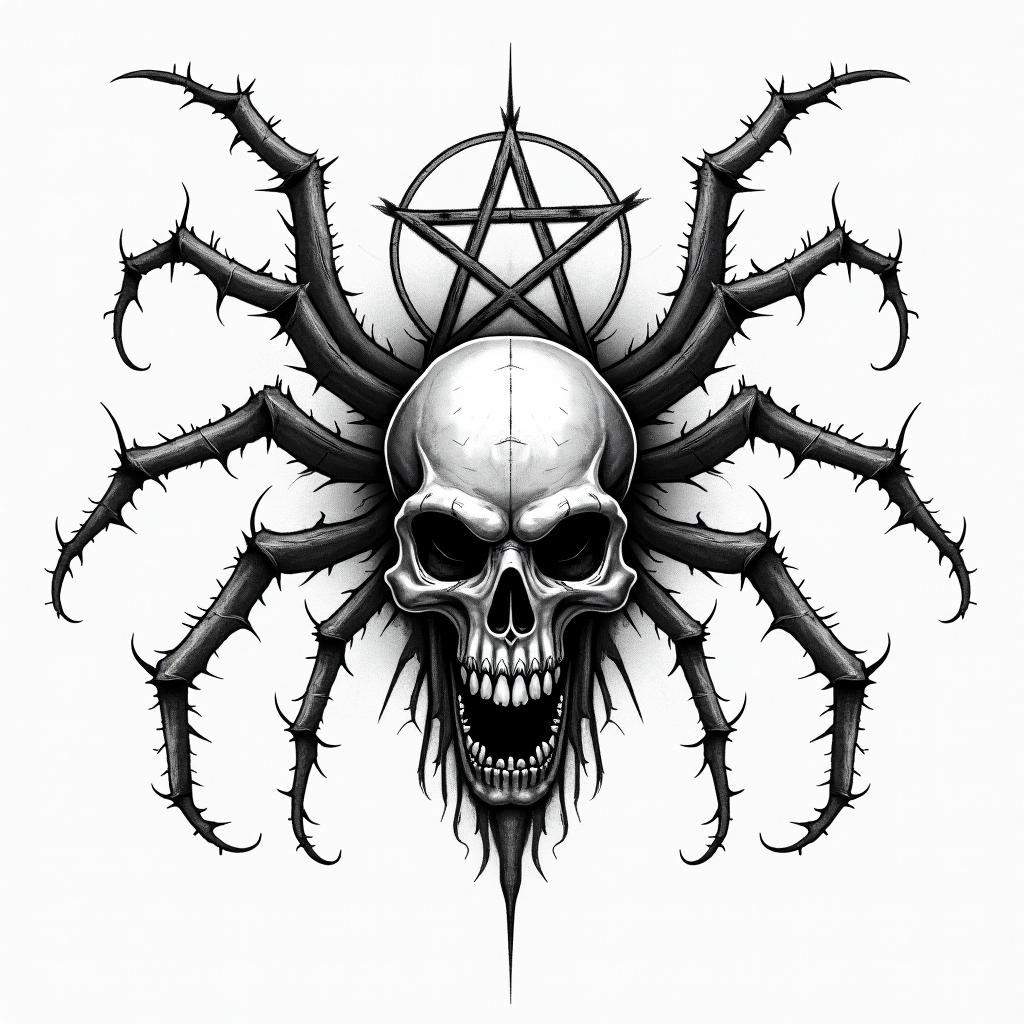 Spidercreepy horror tattoo style, featuring an eerie and unsettling skull of a demonic creature, distorted face with sharp fangs, add pentagram symbol - Variation 4