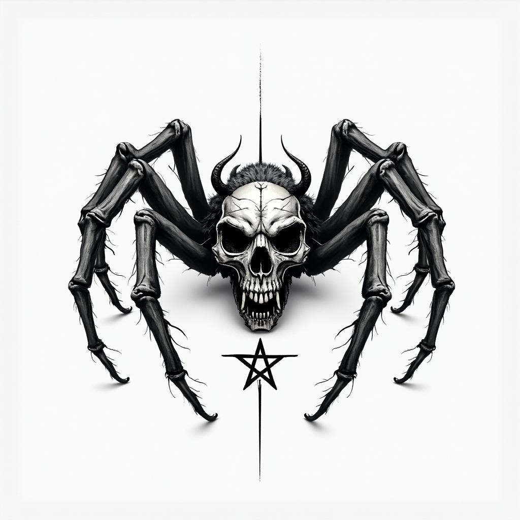 Spidercreepy horror tattoo style, featuring an eerie and unsettling skull of a demonic creature, distorted face with sharp fangs, add pentagram symbol - Variation 3