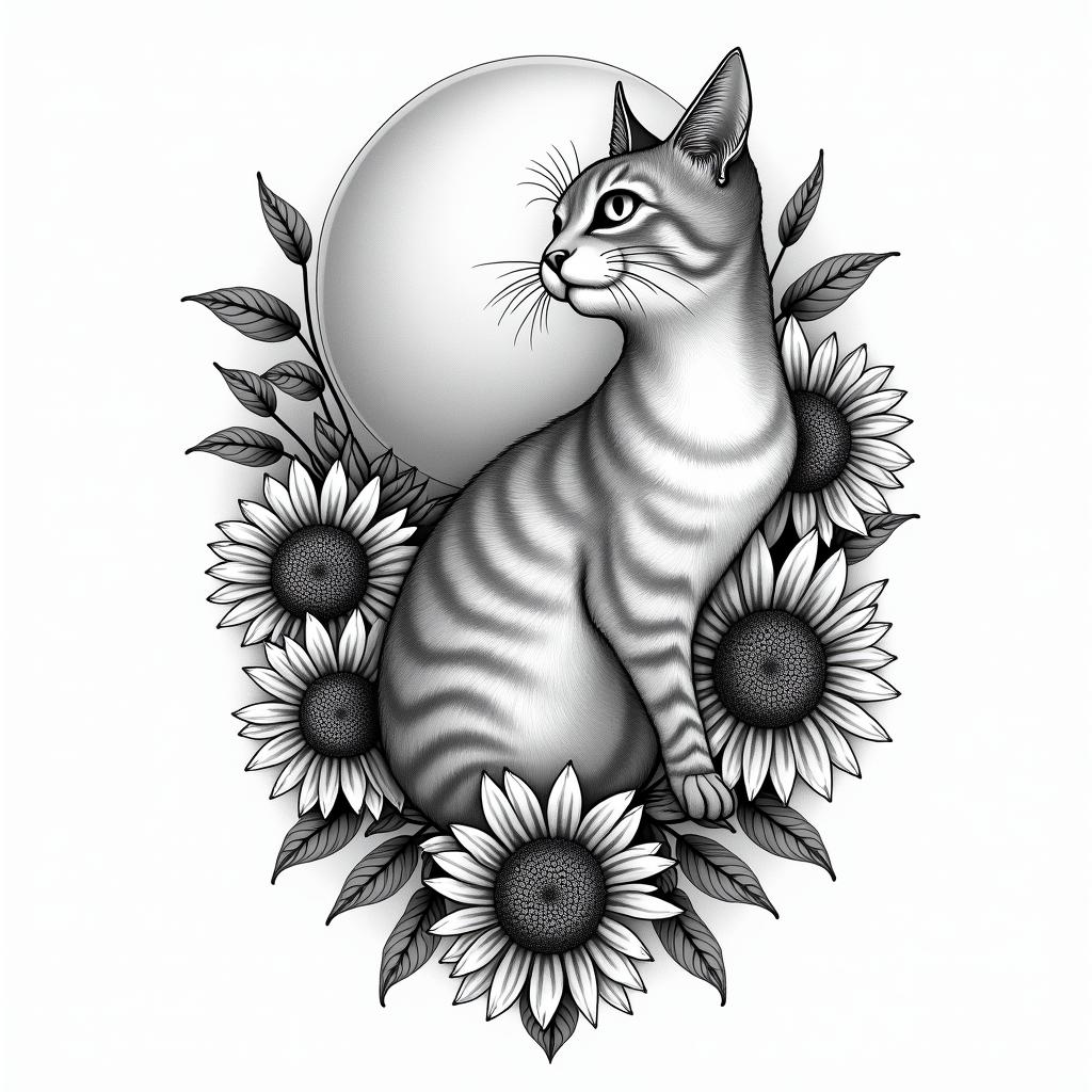 A tattoo design featuring a loving tribute to a beloved cat named Gypsy, incorporating a serene moon, bright sunflowers, and elements that symbolize a free-spirited essence, along with visual representations inspired by the chorus of the song "Gypsy" by Fleetwood Mac.higly detailed tattoo - Variation 4