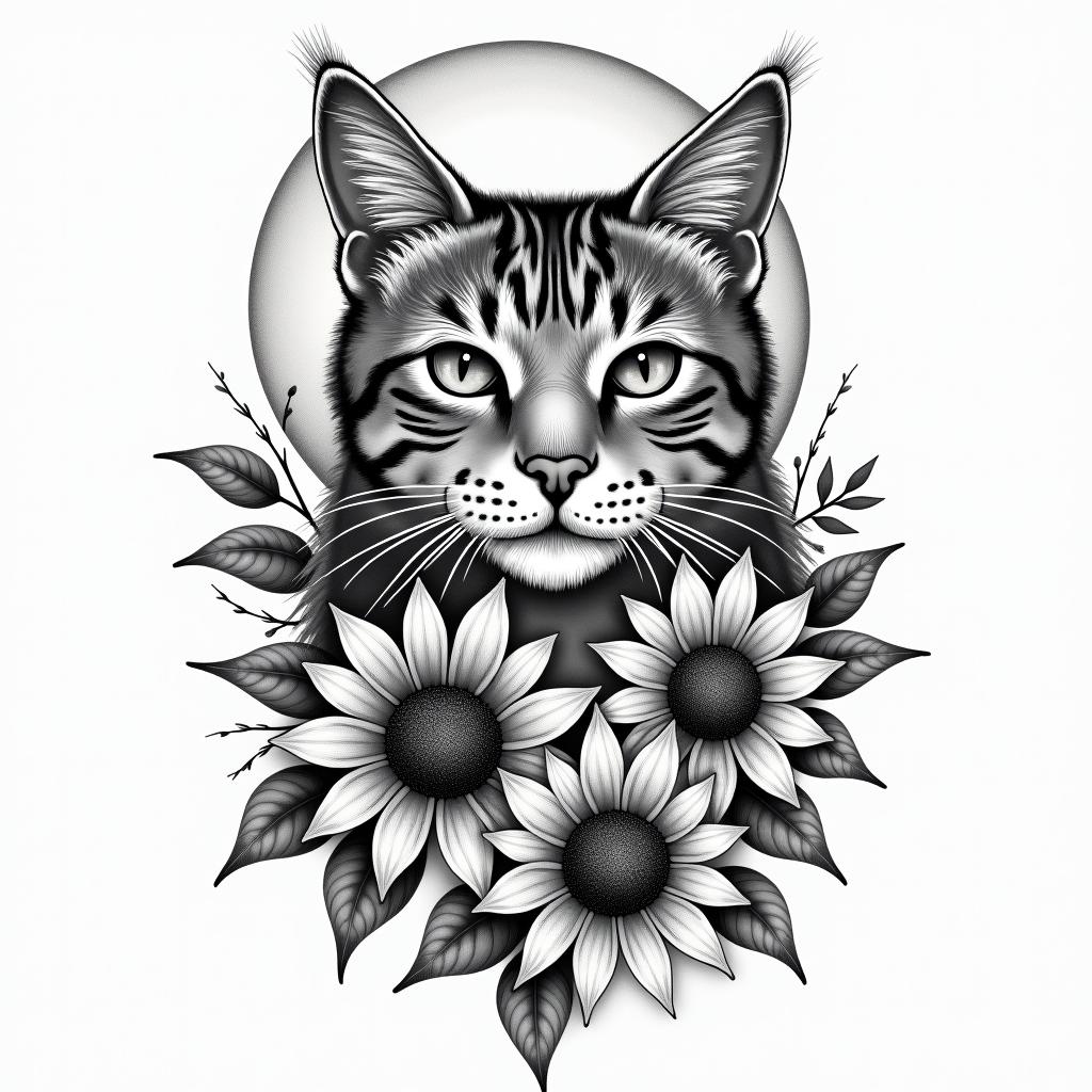 A tattoo design featuring a loving tribute to a beloved cat named Gypsy, incorporating a serene moon, bright sunflowers, and elements that symbolize a free-spirited essence, along with visual representations inspired by the chorus of the song "Gypsy" by Fleetwood Mac.higly detailed tattoo - Variation 3