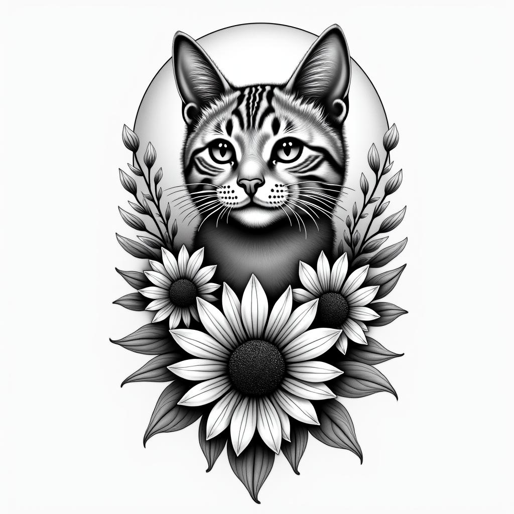 A tattoo design featuring a loving tribute to a beloved cat named Gypsy, incorporating a serene moon, bright sunflowers, and elements that symbolize a free-spirited essence, along with visual representations inspired by the chorus of the song "Gypsy" by Fleetwood Mac.higly detailed tattoo - Variation 2
