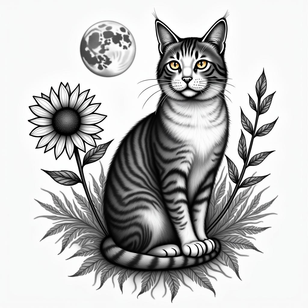 A tattoo design featuring a loving tribute to a beloved cat named Gypsy, incorporating a serene moon, bright sunflowers, and elements that symbolize a free-spirited essence, along with visual representations inspired by the chorus of the song "Gypsy" by Fleetwood Mac.higly detailed tattoo