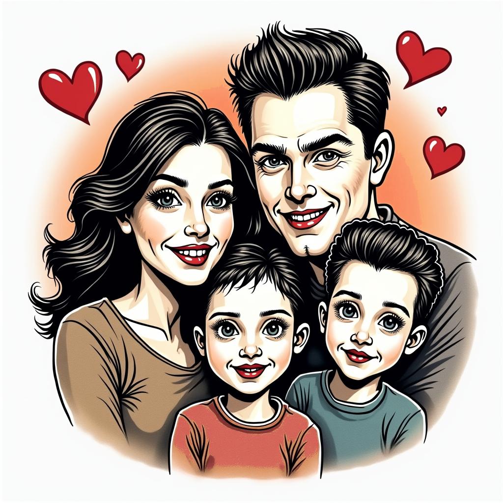 3 children, marriedin pop art style tattoo, featuring bold and vibrant colors, exaggerated outlines, iconic imagery, inspired by comic books and speech bubbles, comic book characters, retro pop culture - Variation 1