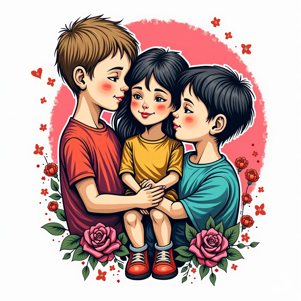 3 children, marriedin pop art style tattoo, featuring bold and vibrant colors, exaggerated outlines, iconic imagery, inspired by comic books and speech bubbles, comic book characters, retro pop culture - Variation 3