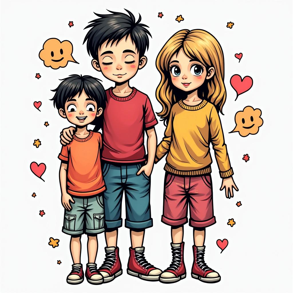 3 children, marriedin pop art style tattoo, featuring bold and vibrant colors, exaggerated outlines, iconic imagery, inspired by comic books and speech bubbles, comic book characters, retro pop culture - Variation 4
