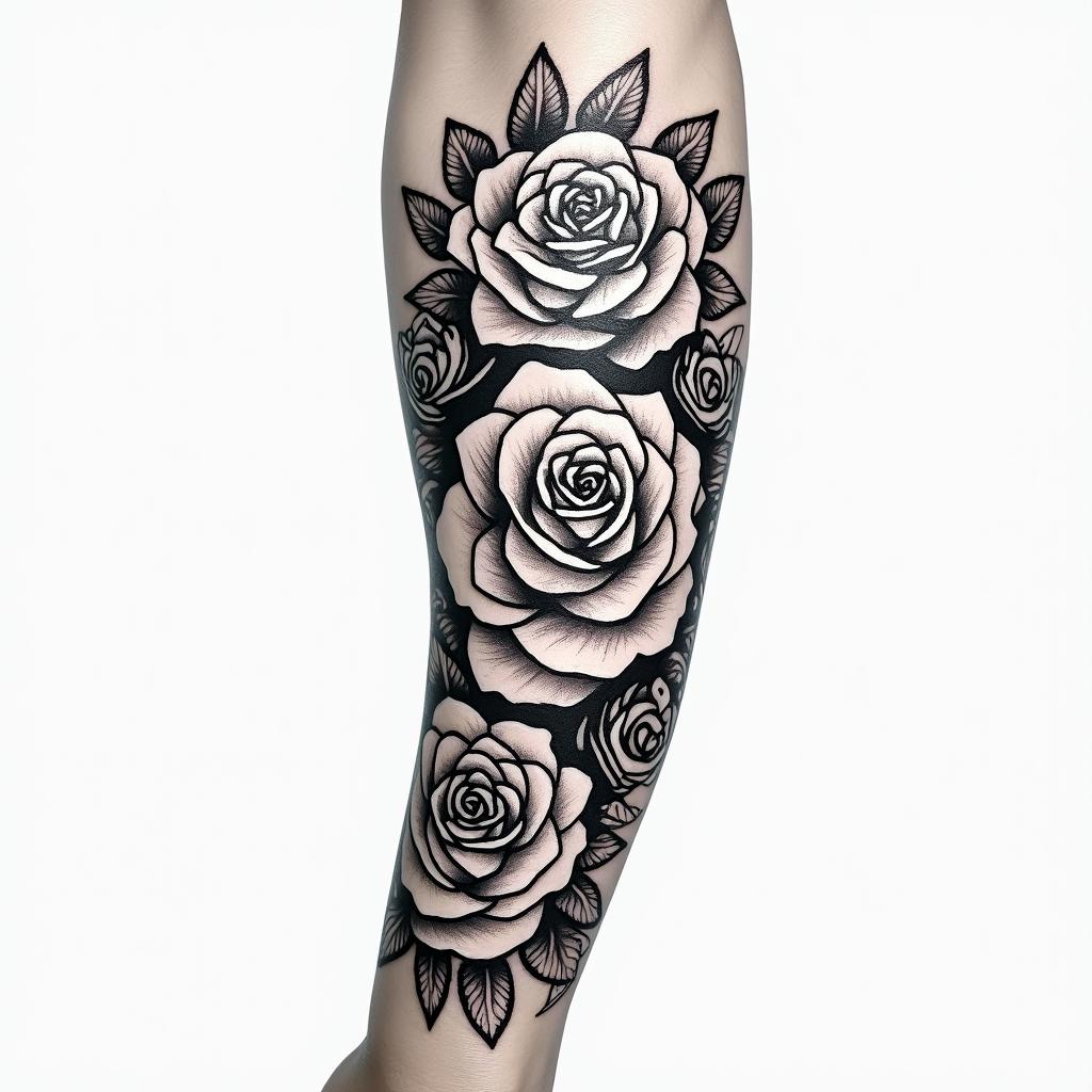 Forearm tattoo. With roses of different sizes but not too large. Fine lines.in tribal tattoo style, featuring bold and black geometric shapes, curved lines, intertwine and flow seamlessly, creating a powerful and symbolic design, polynesian and maori styles - Variation 1