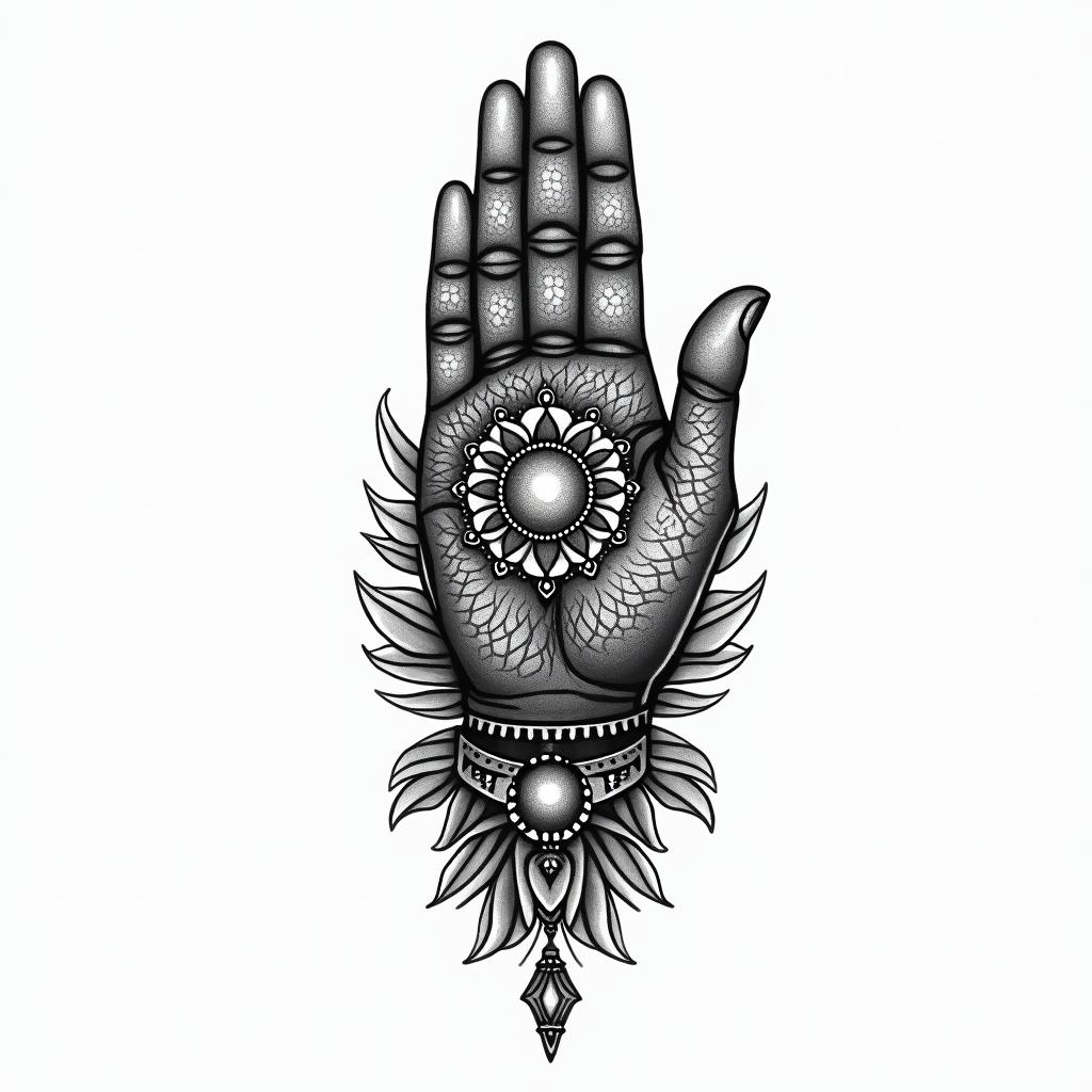 hamsa hand tattoo with mandalahigly detailed tattoo - Variation 4