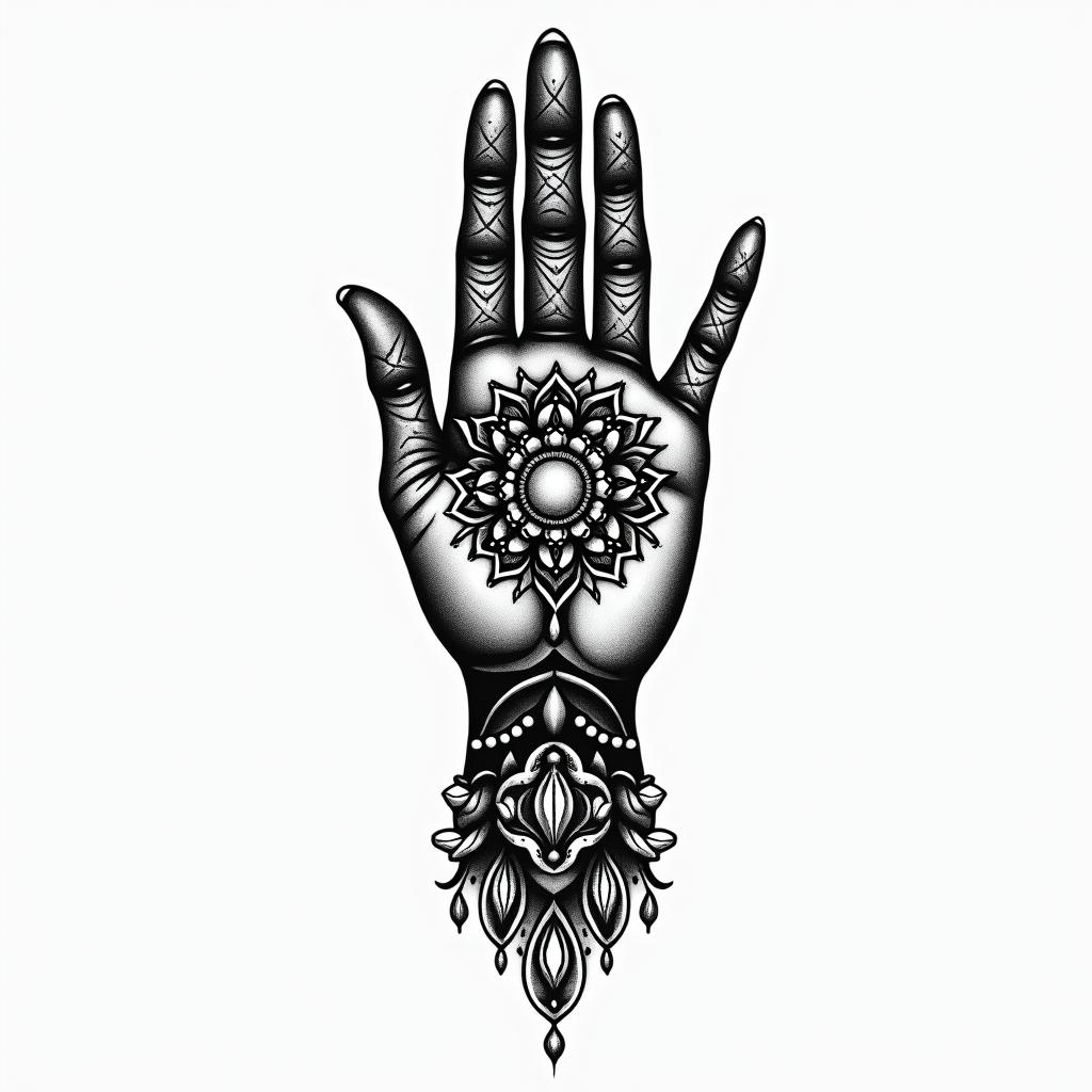 hamsa hand tattoo with mandalahigly detailed tattoo