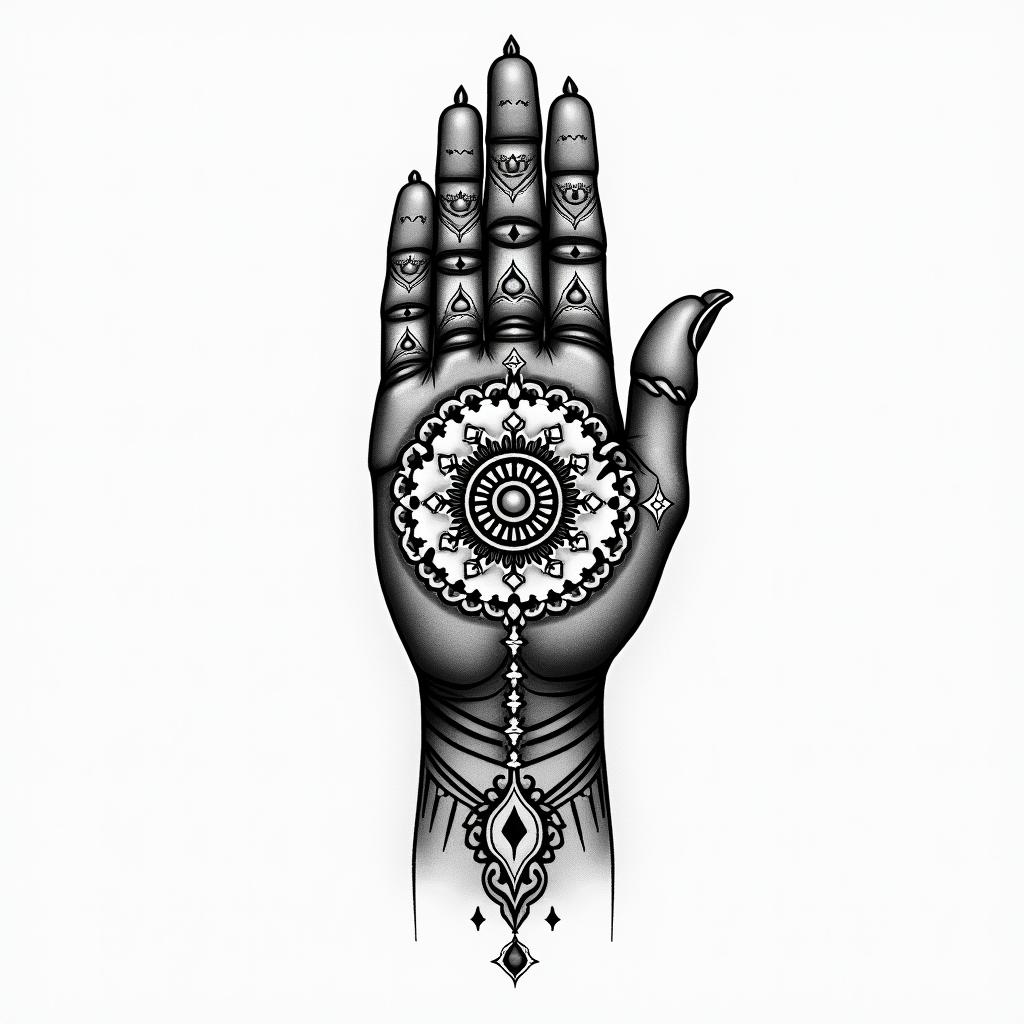 hamsa hand tattoo with mandalahigly detailed tattoo - Variation 2