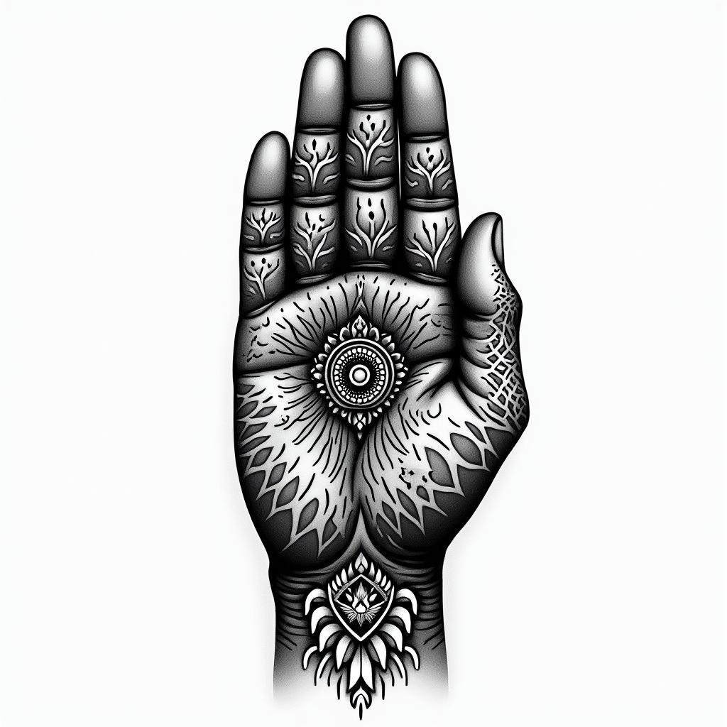 hamsa hand tattoo with mandalahigly detailed tattoo - Variation 3