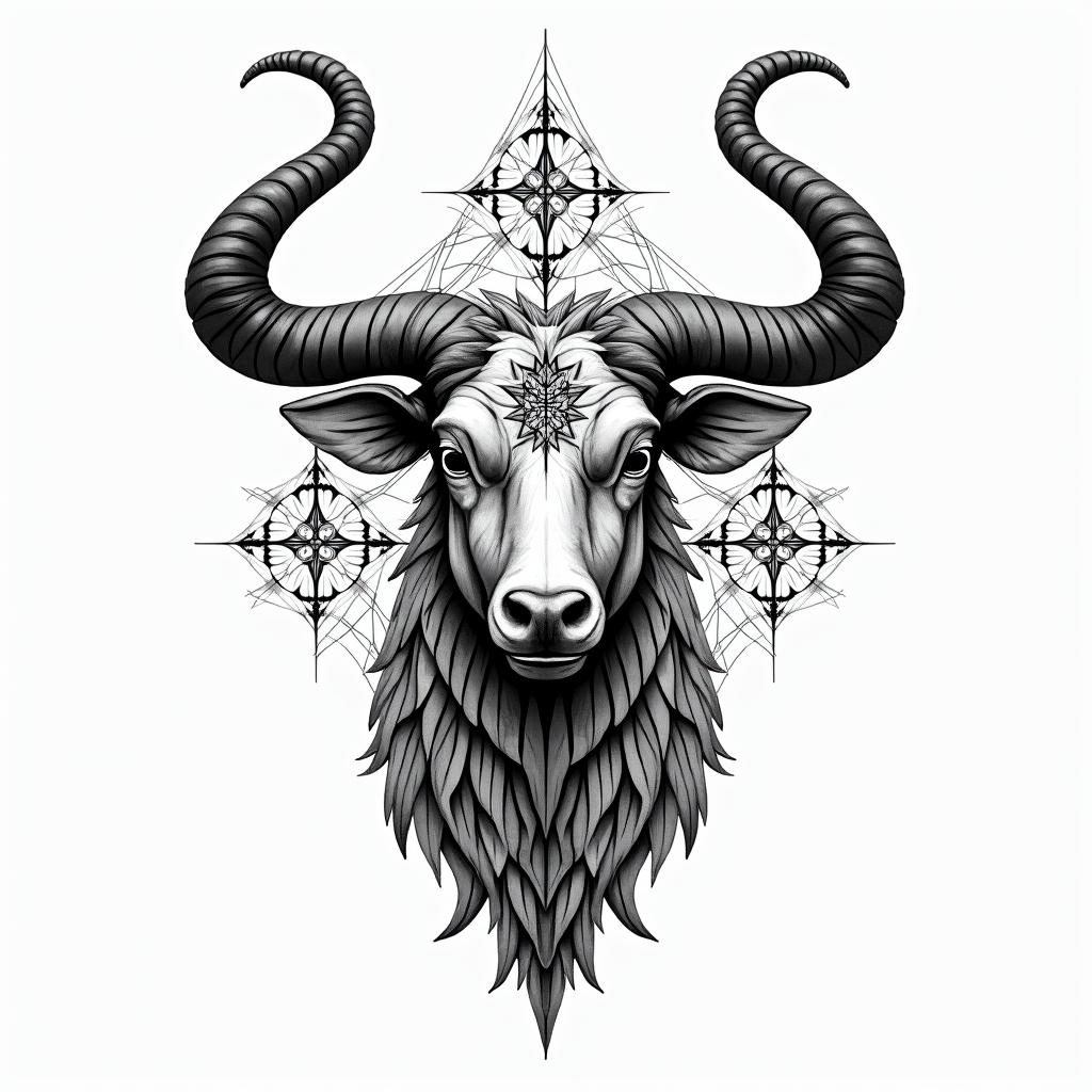 Taurus and spiritual in geometric style tattoo, blending hexagons, mandala-inspired patterns, symmetrical and fractal design, clean lines, sharp angles - Variation 2