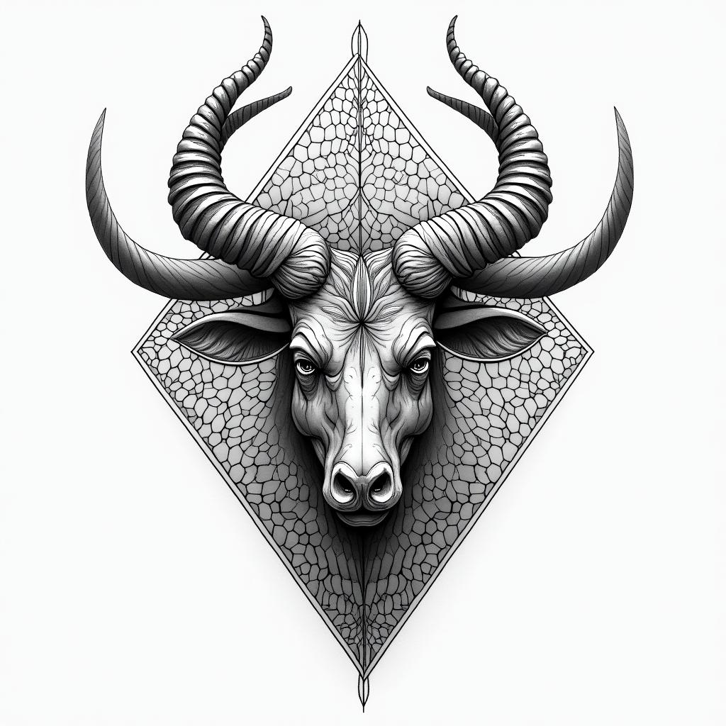 Taurus and spiritual in geometric style tattoo, blending hexagons, mandala-inspired patterns, symmetrical and fractal design, clean lines, sharp angles - Variation 3
