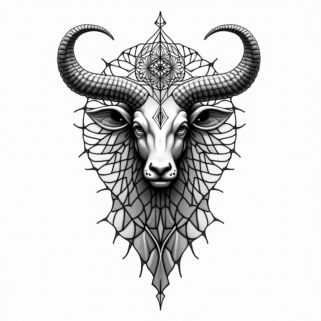 Taurus and spiritual in geometric style tattoo, blending hexagons, mandala-inspired patterns, symmetrical and fractal design, clean lines, sharp angles