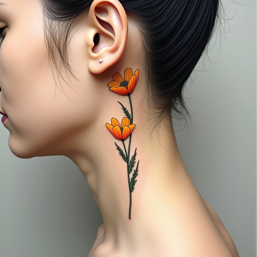 Minimalistic golden poppy tattoo design in small size, positioned behind the ear, showing different blooming stages.undefined