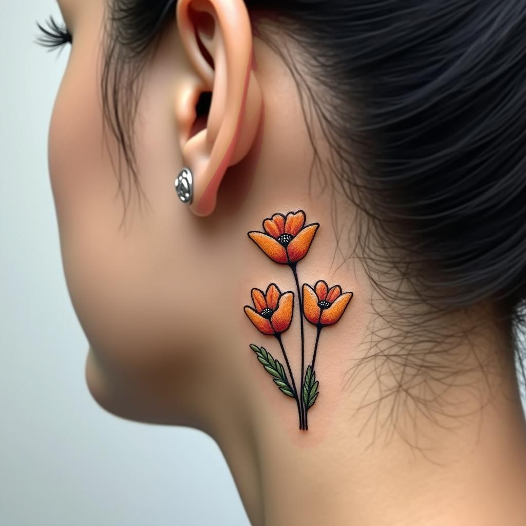 Tiny detailed tattoo of golden poppies in various blooming stages, designed to fit perfectly behind the ear.undefined - Variation 1