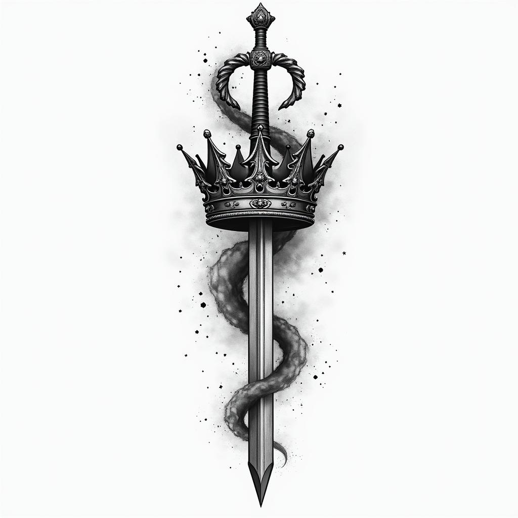 An crown whit a sword true ithigly detailed tattoo - Variation 6