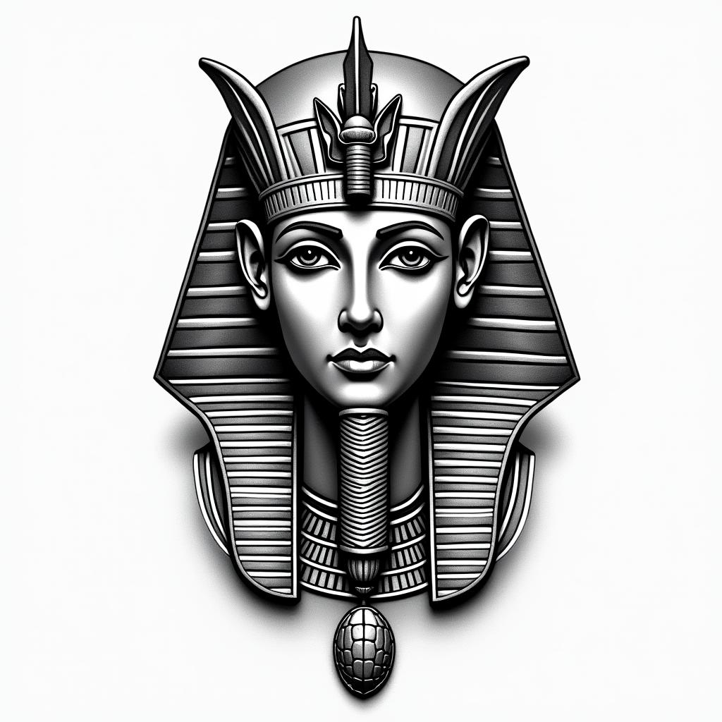 Wealth and triumphin egyptian style tattoo, bold elements of ancient egyptian culture including a portrait of an Egyptian pharaoh with detailed facial features, in hieroglyphs and symbolic imagery, eye of horus, ankh symbol, scarab beetle