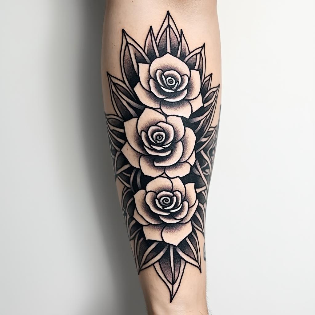 Forearm tattoo. With roses of different sizes but not too big. Fine lines, it's for a woman's arm.in tribal tattoo style, featuring bold and black geometric shapes, curved lines, intertwine and flow seamlessly, creating a powerful and symbolic design, polynesian and maori styles - Variation 3