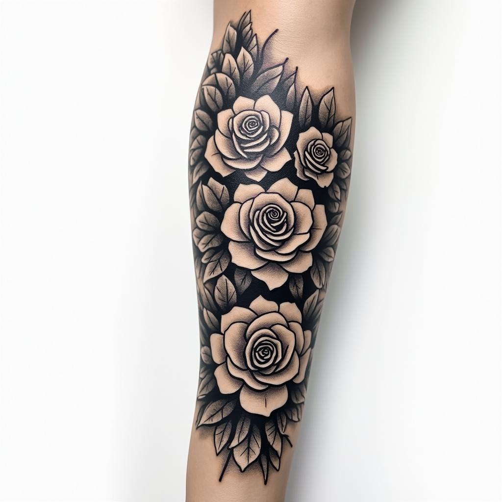 Forearm tattoo. With roses of different sizes but not too big. Fine lines, it's for a woman's arm.in tribal tattoo style, featuring bold and black geometric shapes, curved lines, intertwine and flow seamlessly, creating a powerful and symbolic design, polynesian and maori styles - Variation 4
