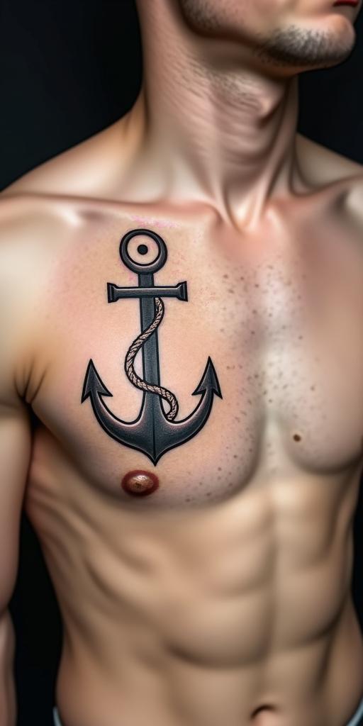 Anchor with nautical rope and compassin minimalist style tattoo, featuring simple shapes and fine lines, with minimal shading and details, tiny triangles, creating a sense of balance and harmony - Variation 3