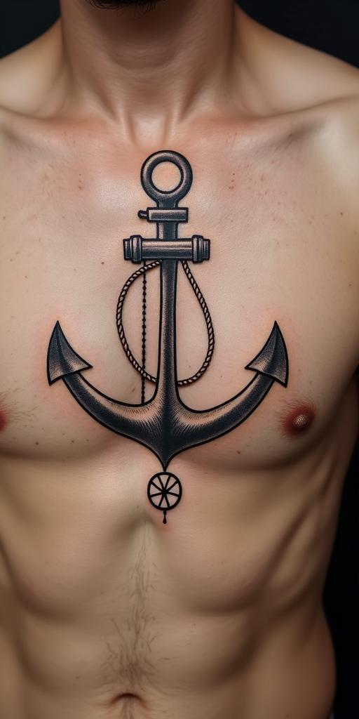Anchor with nautical rope and compassin minimalist style tattoo, featuring simple shapes and fine lines, with minimal shading and details, tiny triangles, creating a sense of balance and harmony - Variation 4