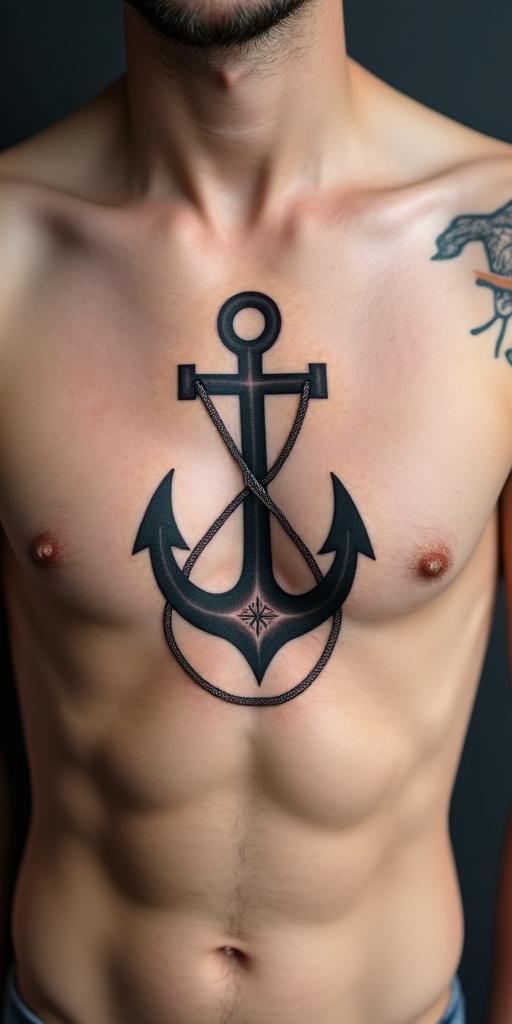 Anchor with nautical rope and compassin minimalist style tattoo, featuring simple shapes and fine lines, with minimal shading and details, tiny triangles, creating a sense of balance and harmony - Variation 2