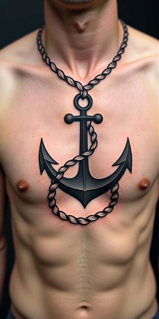 Anchor with nautical rope and compassin minimalist style tattoo, featuring simple shapes and fine lines, with minimal shading and details, tiny triangles, creating a sense of balance and harmony