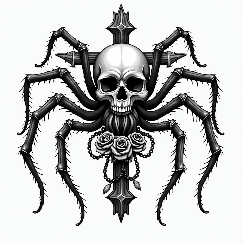 Spiderin chicano style tattoo, featuring intricate black and grey shading, bold elements of traditional chicano culture symbols, add a big cross with skull, chains and roses - Variation 2