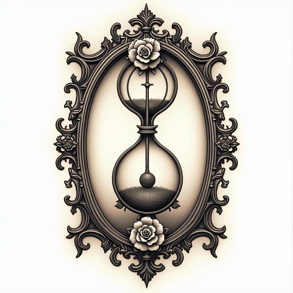 Broken sand timerin victorian style tattoo, featuring vintage and elegant elements, ornate frames, roses, antique, sepia-toned color scheme - Variation 2