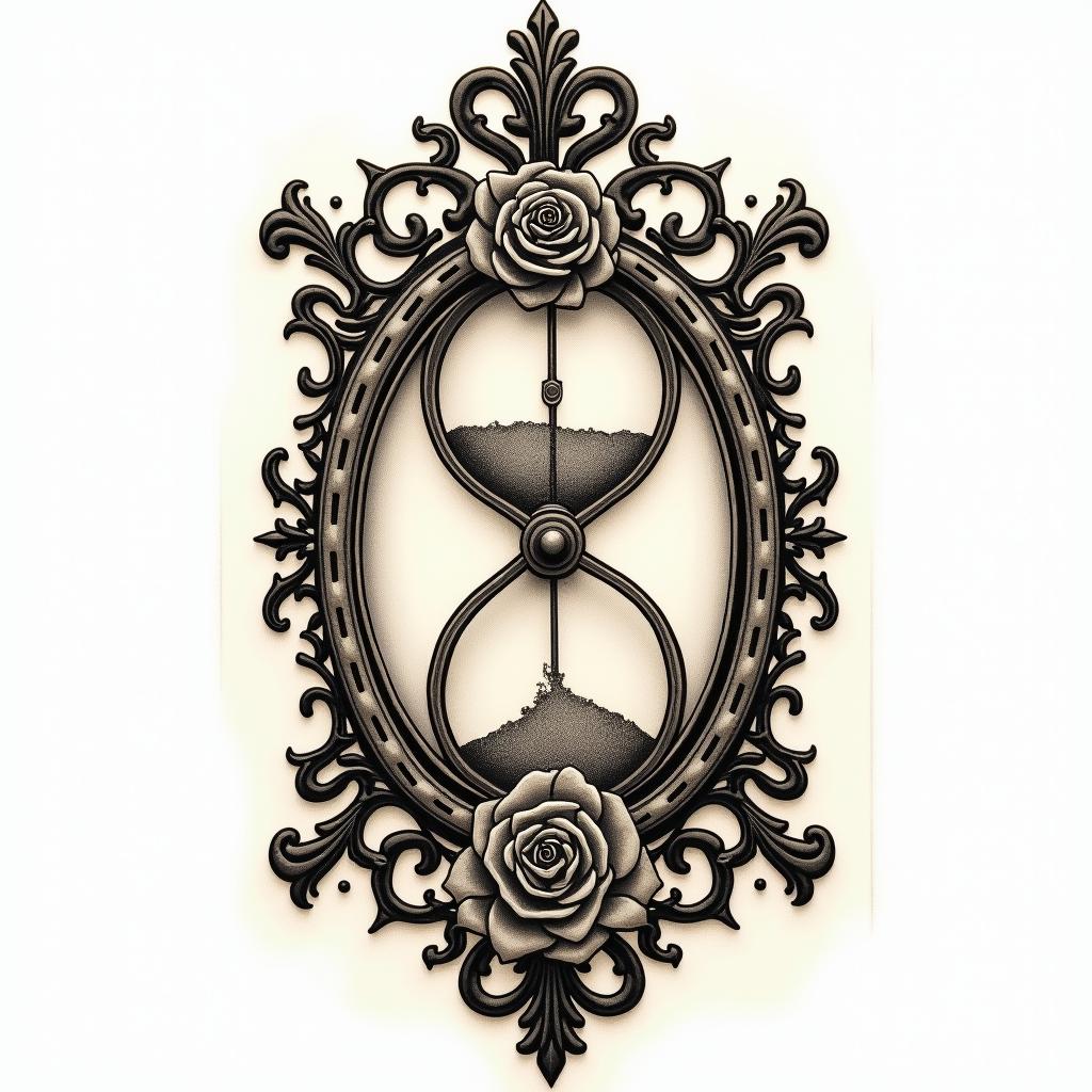 Broken sand timerin victorian style tattoo, featuring vintage and elegant elements, ornate frames, roses, antique, sepia-toned color scheme - Variation 3
