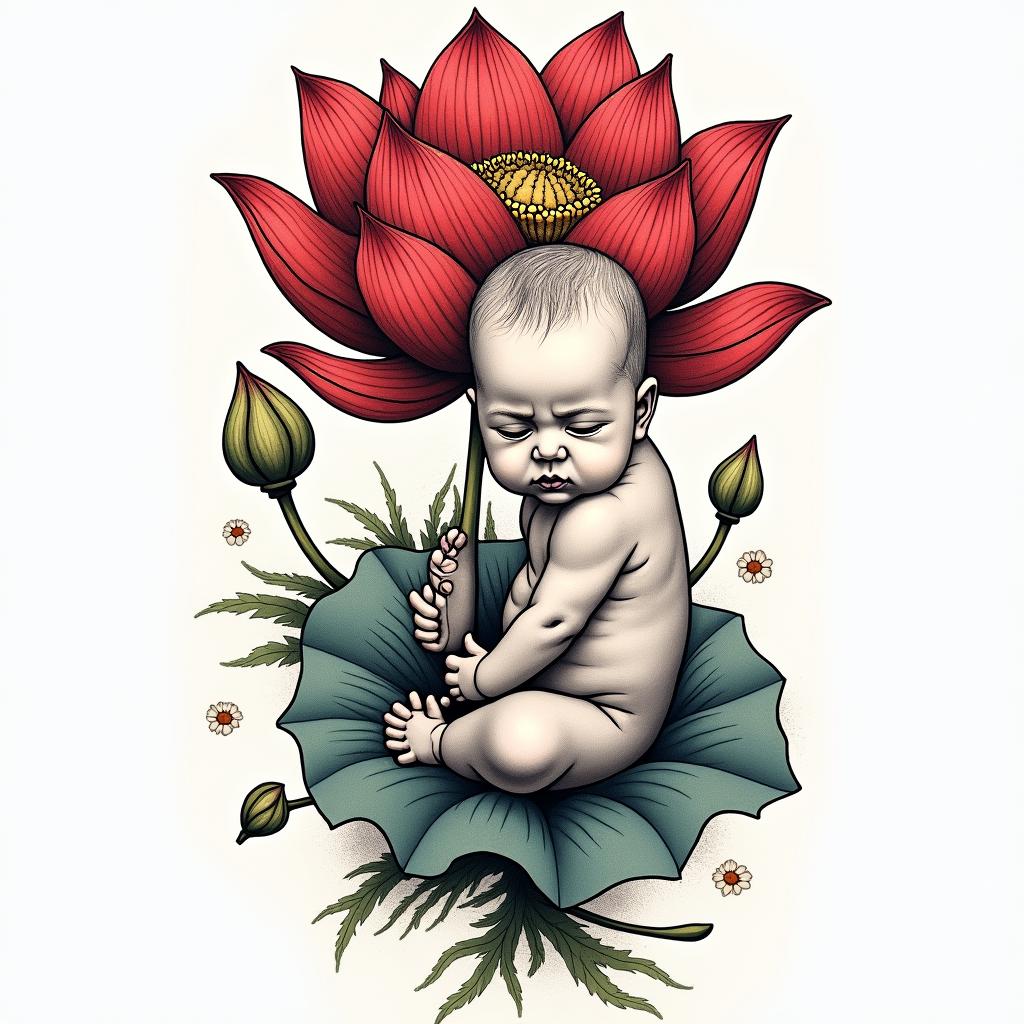 Photographer, birth photographer, lotus flowerin pop art style tattoo, featuring bold and vibrant colors, exaggerated outlines, iconic imagery, inspired by comic books and speech bubbles, comic book characters, retro pop culture