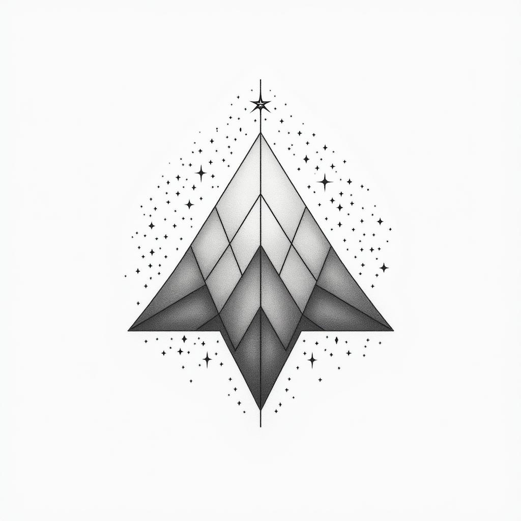 Mountain water star sparkles geometricin minimalist style tattoo, featuring simple shapes and fine lines, with minimal shading and details, tiny triangles, creating a sense of balance and harmony - Variation 3