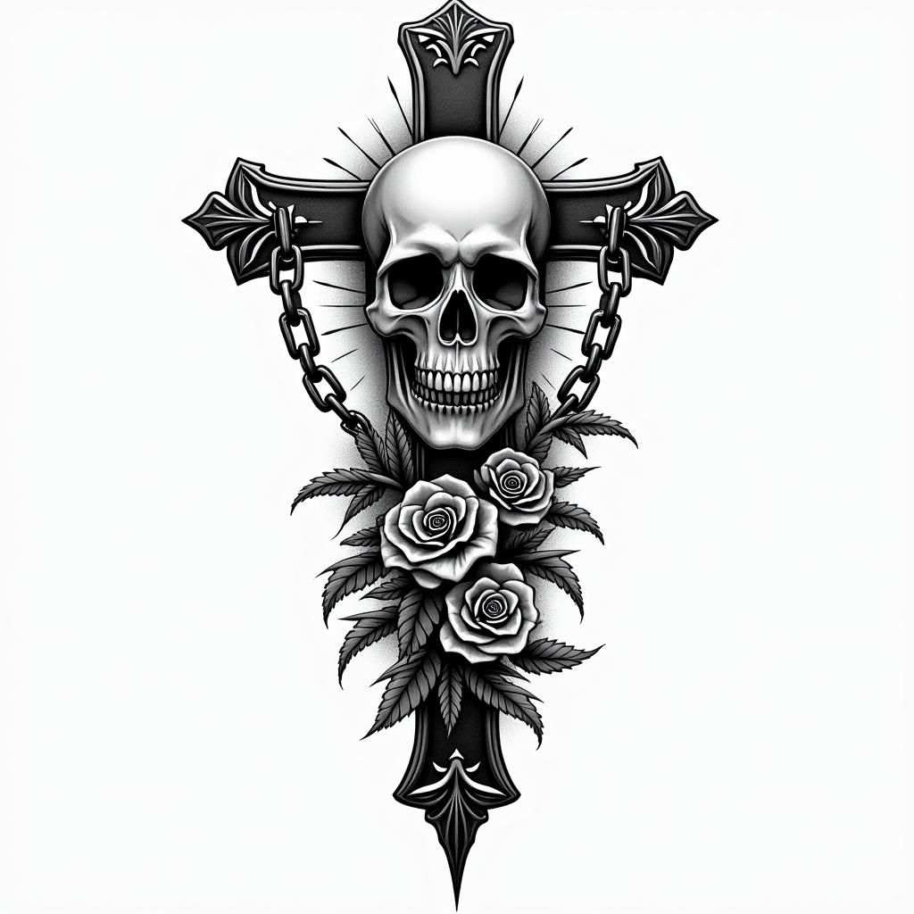Killerin chicano style tattoo, featuring intricate black and grey shading, bold elements of traditional chicano culture symbols, add a big cross with skull, chains and roses - Variation 7