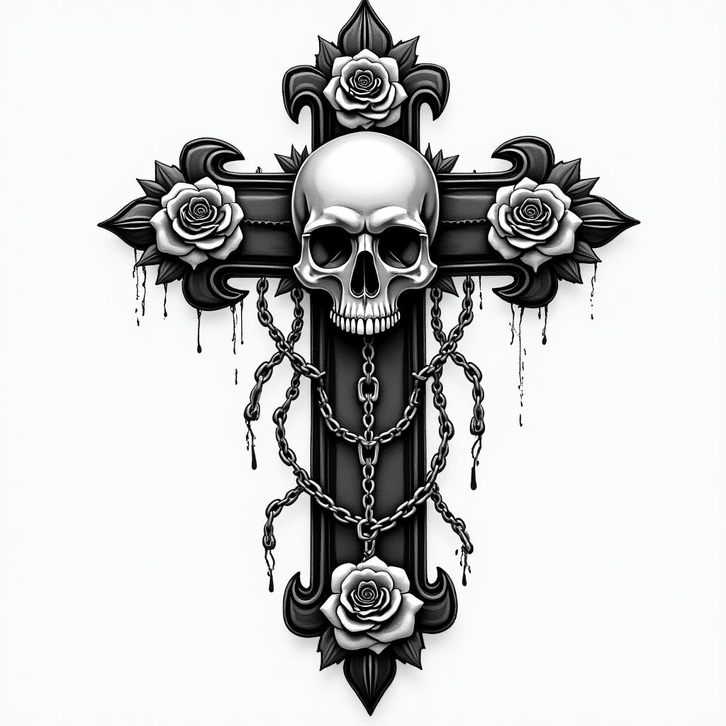 Killerin chicano style tattoo, featuring intricate black and grey shading, bold elements of traditional chicano culture symbols, add a big cross with skull, chains and roses - Variation 6