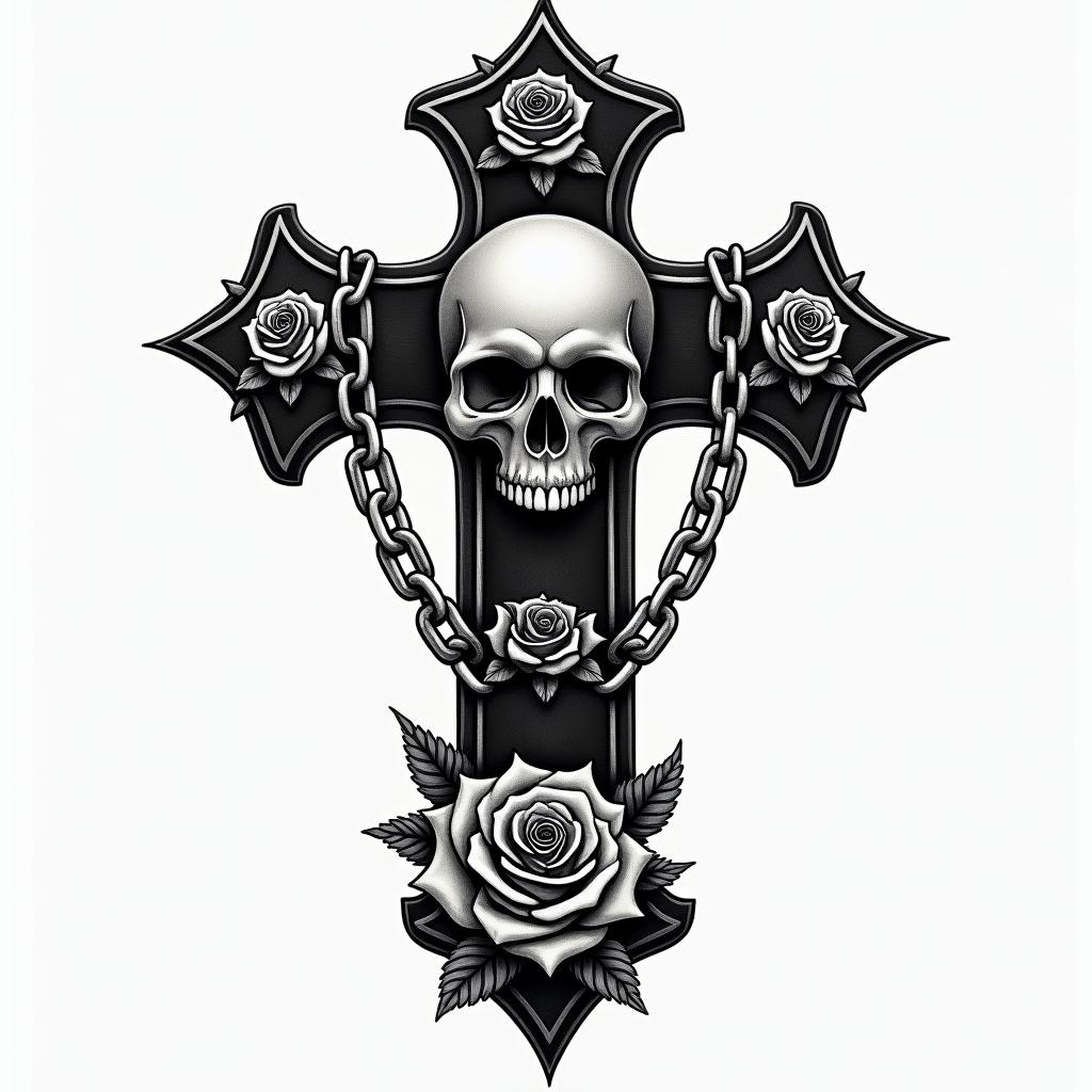 Killerin chicano style tattoo, featuring intricate black and grey shading, bold elements of traditional chicano culture symbols, add a big cross with skull, chains and roses - Variation 5