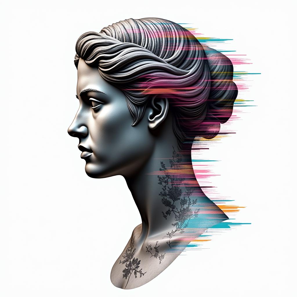 Analia Tauro Floresin distorted and fragmented tattoo design, featuring a classical statue bust, in a glitch art style with vibrant, overlapping colors of cyan, magenta, and yellow, creating a digital distortion effect