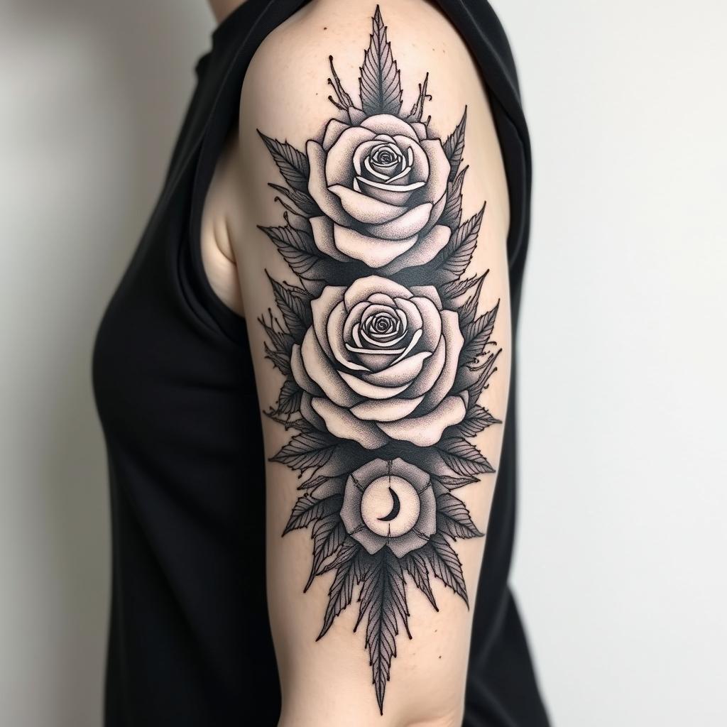 Forearm tattoo. With roses of different sizes but not too big. Fine lines, it's for a woman's arm.in paganic style tattoo, featuring ancient symbols, add vegvisir symbol, mystical figures, incorporating designs, pentagrams, runes, crescent moons, - Variation 3