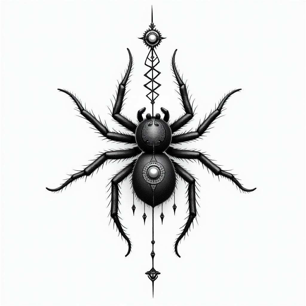 Spiderin spiritual symbols tattoo style, featuring an intricate design incorporating elements, Hamsa hand, third eye, minimalist composition - Variation 3