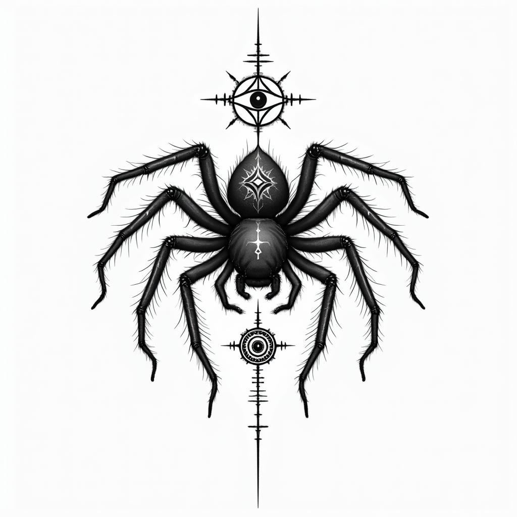 Spiderin spiritual symbols tattoo style, featuring an intricate design incorporating elements, Hamsa hand, third eye, minimalist composition - Variation 4