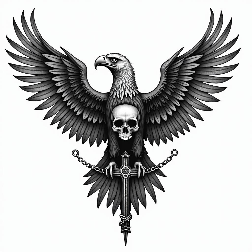 Eagle with a skull head and wings openin chicano style tattoo, featuring intricate black and grey shading, bold elements of traditional chicano culture symbols, add a big cross with skull, chains and roses - Variation 3