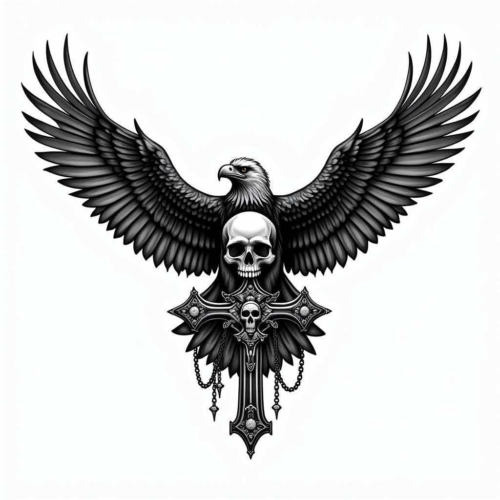 Eagle with a skull head and wings openin chicano style tattoo, featuring intricate black and grey shading, bold elements of traditional chicano culture symbols, add a big cross with skull, chains and roses