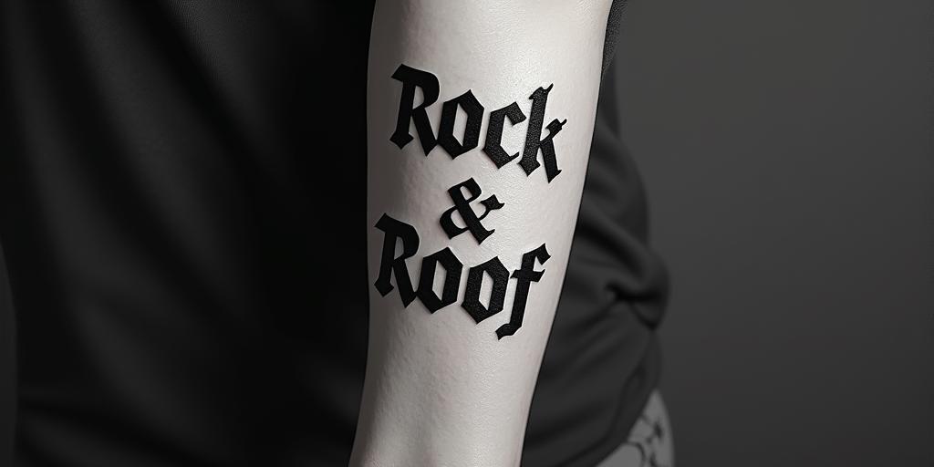 Rock and Roof (2 Fasta for ortext-based tattoo, gothic font ultra-realistic, perfectly placed, high-quality font design, photo-realistic shading, 8k, high quality, finely detailed typography