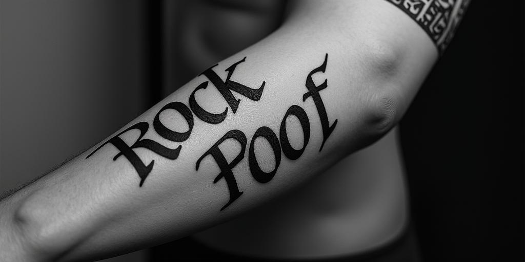 Rock and Roof (2 Fasta for ortext-based tattoo, gothic font ultra-realistic, perfectly placed, high-quality font design, photo-realistic shading, 8k, high quality, finely detailed typography - Variation 3