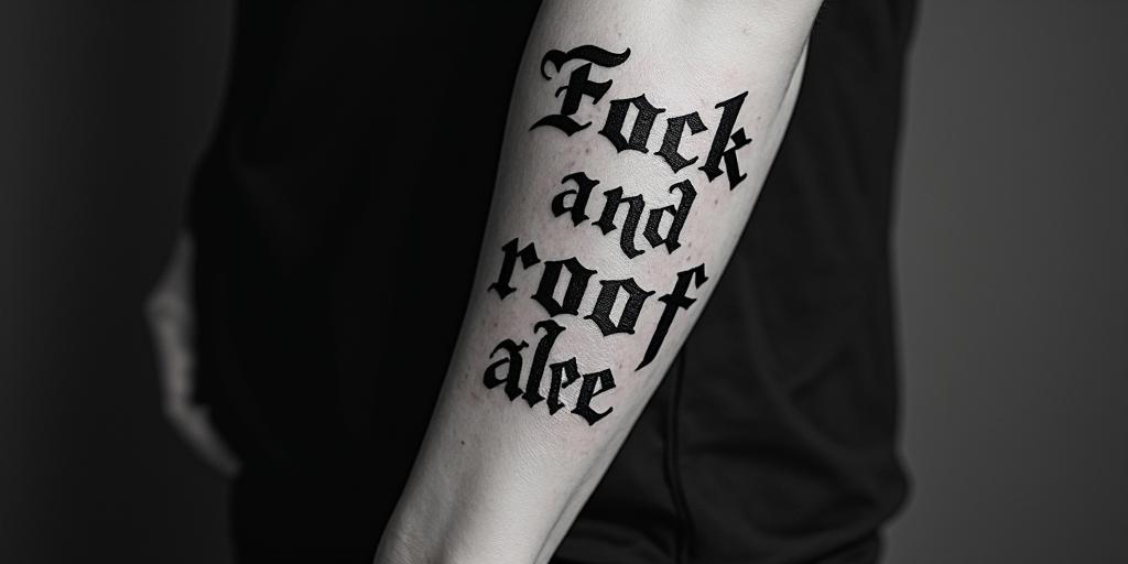 Rock and Roof (2 Fasta for ortext-based tattoo, gothic font ultra-realistic, perfectly placed, high-quality font design, photo-realistic shading, 8k, high quality, finely detailed typography - Variation 4