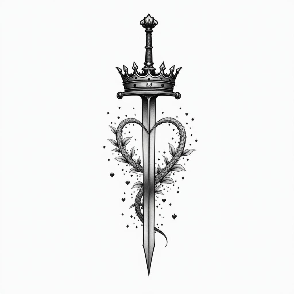 An crown whit a sword true itin Modest style tattoo, featuring soft, delicate line work with simple and meaningful symbols, gentle waves, a heart, evoking a sense of serenity and grace, - Variation 2