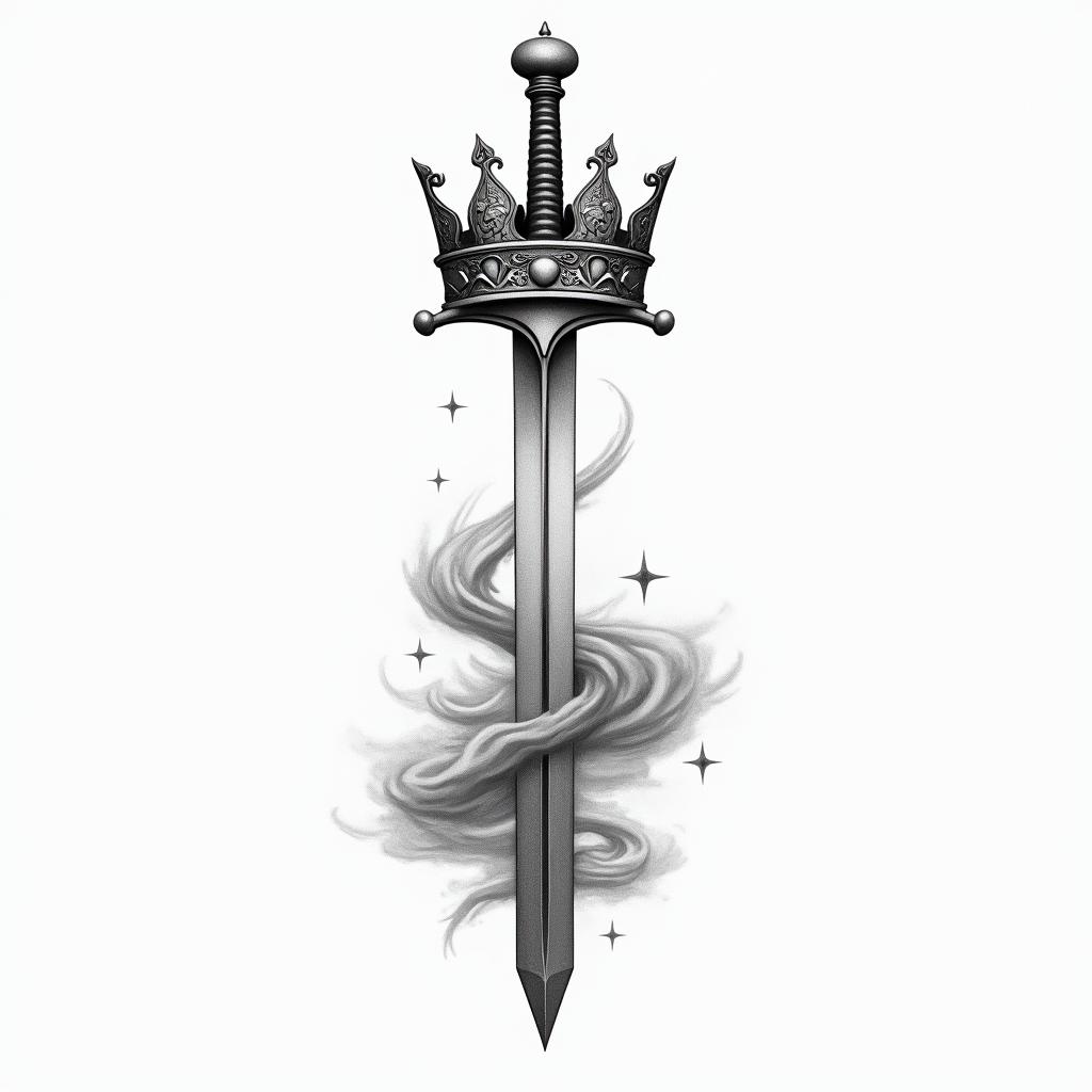 An crown whit a sword true itin Modest style tattoo, featuring soft, delicate line work with simple and meaningful symbols, gentle waves, a heart, evoking a sense of serenity and grace, - Variation 4