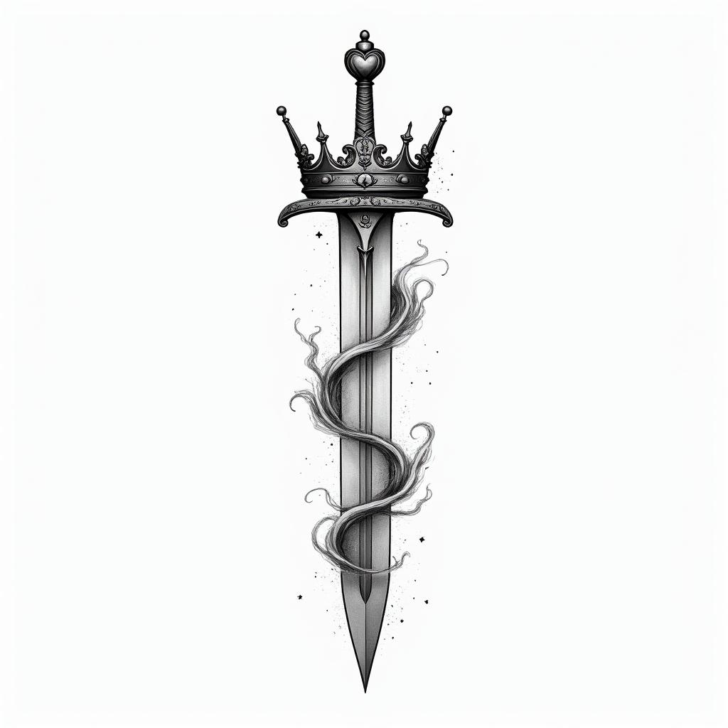 An crown whit a sword true itin Modest style tattoo, featuring soft, delicate line work with simple and meaningful symbols, gentle waves, a heart, evoking a sense of serenity and grace, - Variation 3