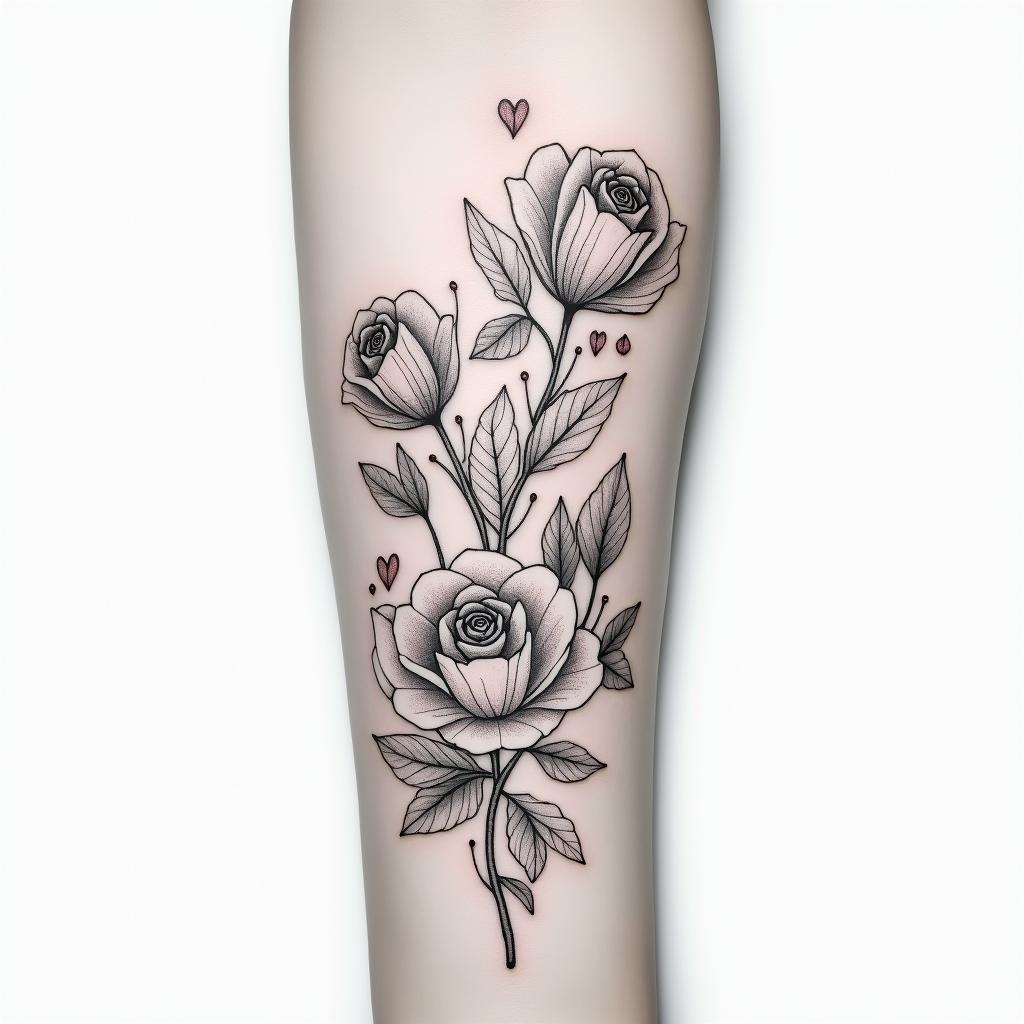 Forearm tattoo. With roses of different sizes but not too big. Thin lines, it's for a woman's arm.in Modest style tattoo, featuring soft, delicate line work with simple and meaningful symbols, gentle waves, a heart, evoking a sense of serenity and grace, - Variation 3
