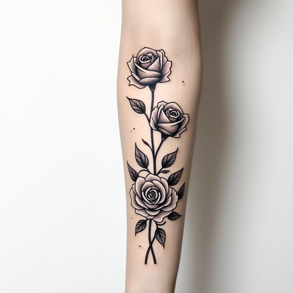 Forearm tattoo. With roses of different sizes but not too big. Thin lines, it's for a woman's arm.in Modest style tattoo, featuring soft, delicate line work with simple and meaningful symbols, gentle waves, a heart, evoking a sense of serenity and grace,
