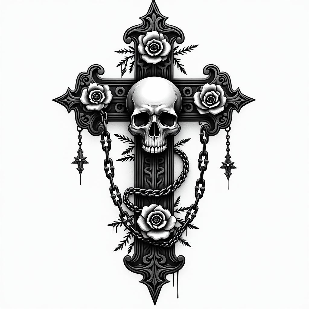 Killerin chicano style tattoo, featuring intricate black and grey shading, bold elements of traditional chicano culture symbols, add a big cross with skull, chains and roses - Variation 2